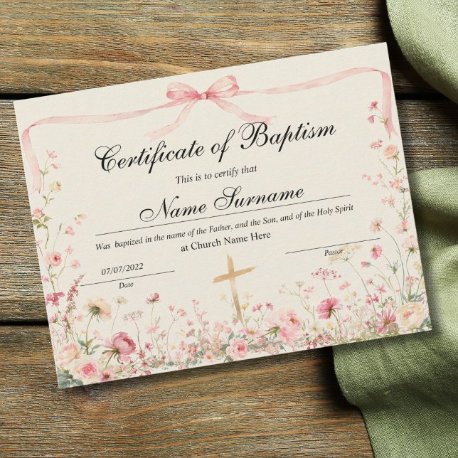 Taufurkunde, Babysegnung (Certificate of Baptism, Baby Dedication for girls with a pink watercolor bow and meadow flowers)