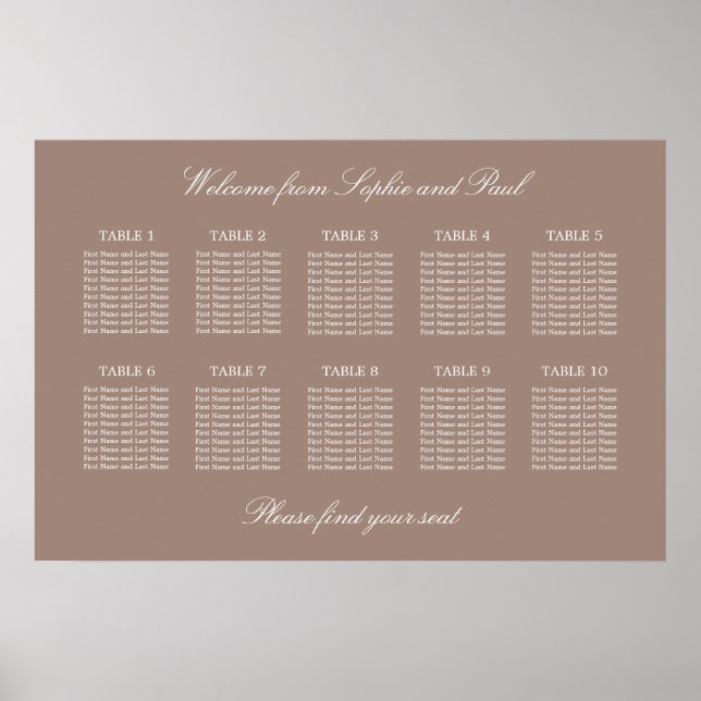 Taupe 10 Table Wedding Seating Chart Poster (Vorne)