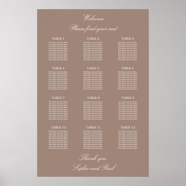 Taupe 12 Table Wedding Seating Chart Poster (Vorne)