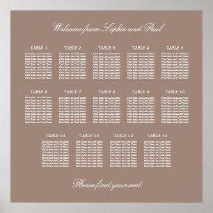 Taupe 14 Table Wedding Seating Chart Poster