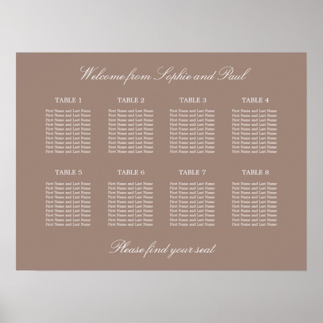 Taupe 8 Table Wedding Chart Poster (Vorne)