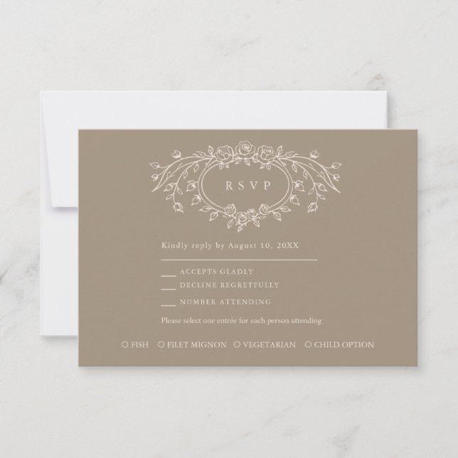 Taupe and Beige Floral Line Art Wedding  RSVP Karte (Vorderseite)
