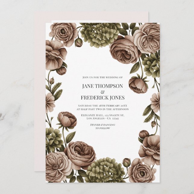Taupe and Olive Green Watercolor Floral Wedding Einladung (Vorne/Hinten)