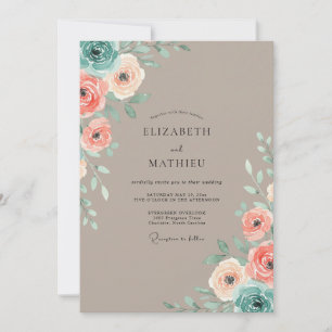Taupe Aprikosen-Ranunculus-Eukalyptus-Hochzeit Einladung