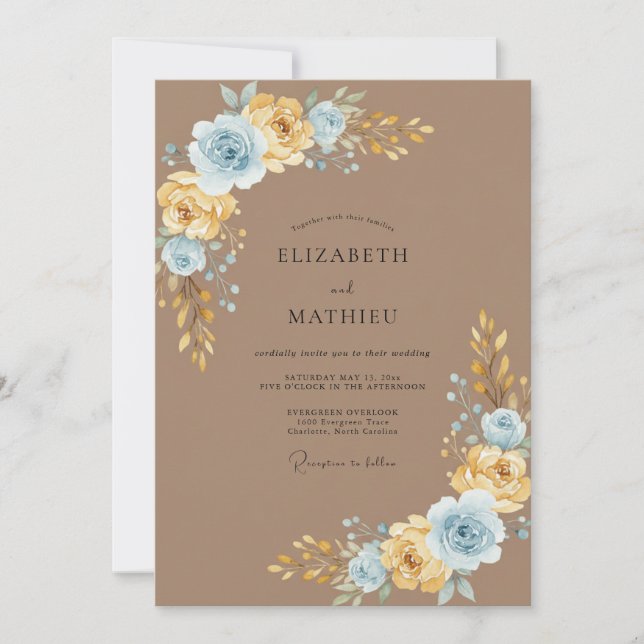 Taupe Azure Gemalte Hochzeit Einladung (Vorderseite)