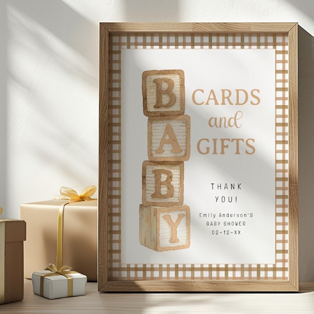 Taupe Baby Blocks Cards and Gifts Baby Shower Sign Poster (Cards & Gifts Baby Shower Sign)