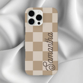 Taupe Beige Schachbretter Script Name iPhone 16 Pro Max Hülle
