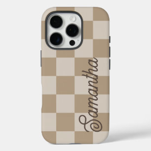Taupe Beige Schachbretter Script Name iPhone 16 Pro Hülle