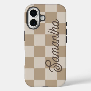 Taupe Beige Schachbretter Script Name iPhone 16 Hülle