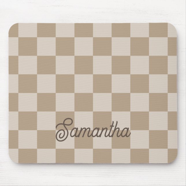 Taupe Beige Schachbretter Script Name Mousepad (Vorne)