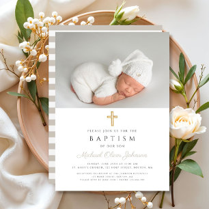 Taupe Beige Streifen Religiöse Cross Foto Taufe Einladung