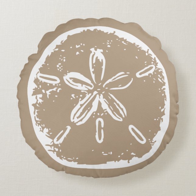 Taupe beige weißes sanddollar Seashell-Wurfskissen Rundes Kissen (Vorderseite)