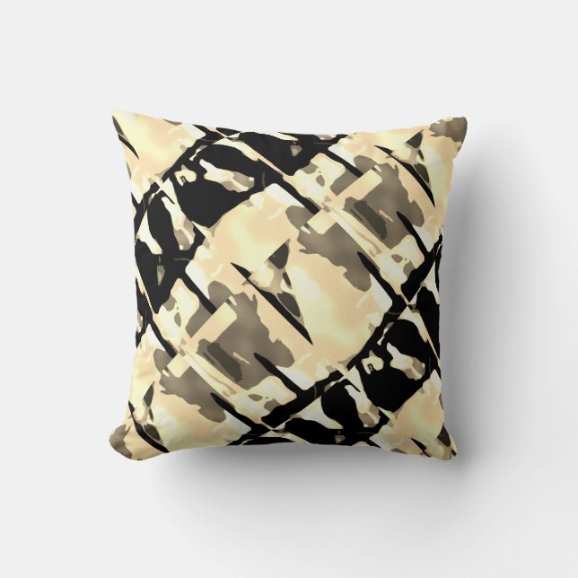 Taupe Black Beige Abstrakte große Fliesen Kissen (Vorderseite)