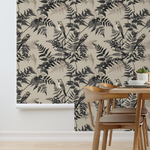 Taupe Black Ferns and Birds Tapete