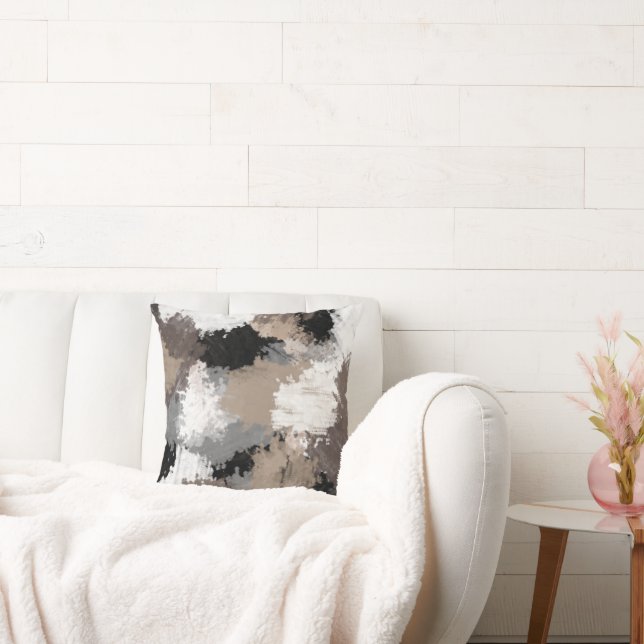 Taupe Black Gray Abstrakte Pinselstriche Kissen (Liege)