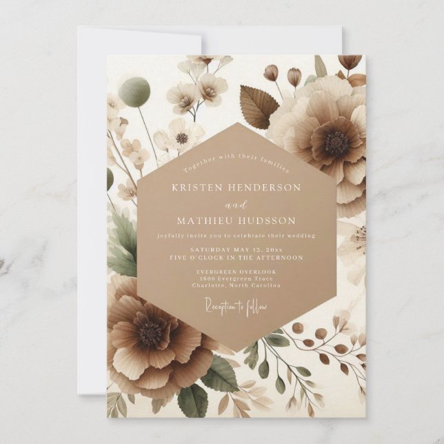 Taupe Bloom Romantische Hochzeit Einladung (Vorderseite)