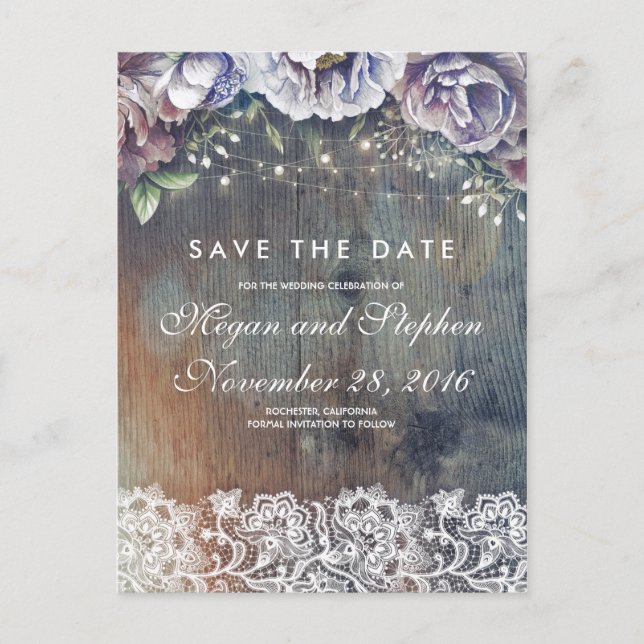 Taupe, Blue und Maroon Floral Save the Date rustik Ankündigungspostkarte (Vorderseite)