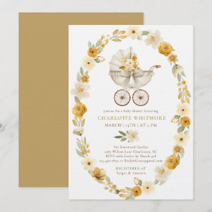 Taupe-Blumen-Kinderwagen-Einladung zur Babyparty Einladung