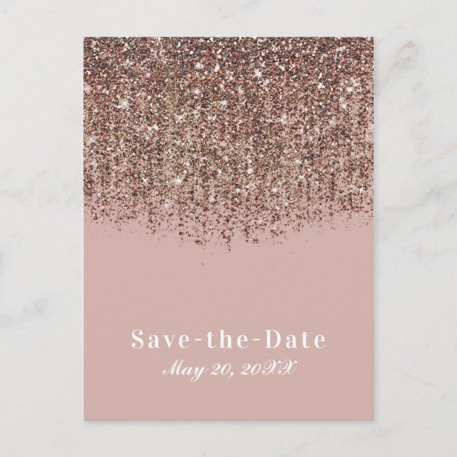 Taupe Blush Pink Rose Bronze Glitzer Save the Date Ankündigungspostkarte (Vorderseite)