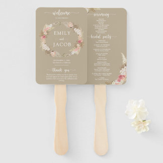 Taupe Boho Floral Wedding Program Hand Fan Fächer