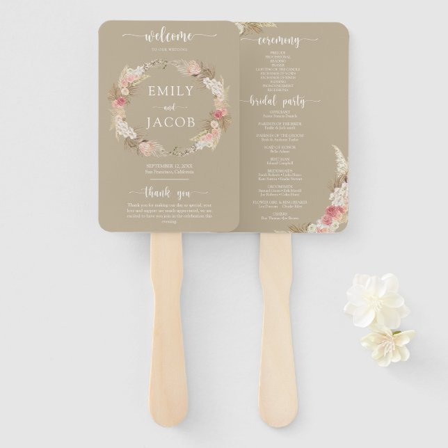 Taupe Boho Floral Wedding Program Hand Fan Fächer (Vorne und Hinten)