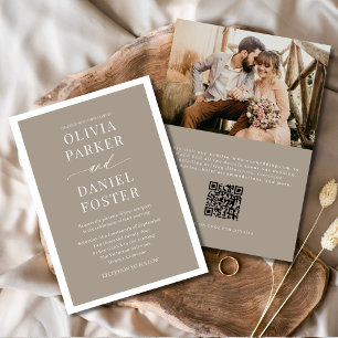 Taupe Boho QR Code Foto Minimalistisch Hochzeit Einladung
