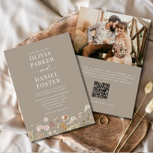 Taupe Boho Wildblume QR Code Foto Wedding Einladung