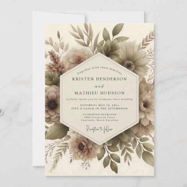 Taupe Botanical Autumn Romance Wedding Einladung (Vorderseite)