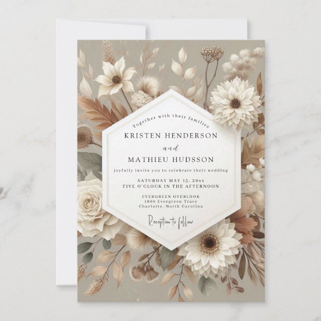 Taupe Botanical Romance Wedding Einladung (Vorderseite)