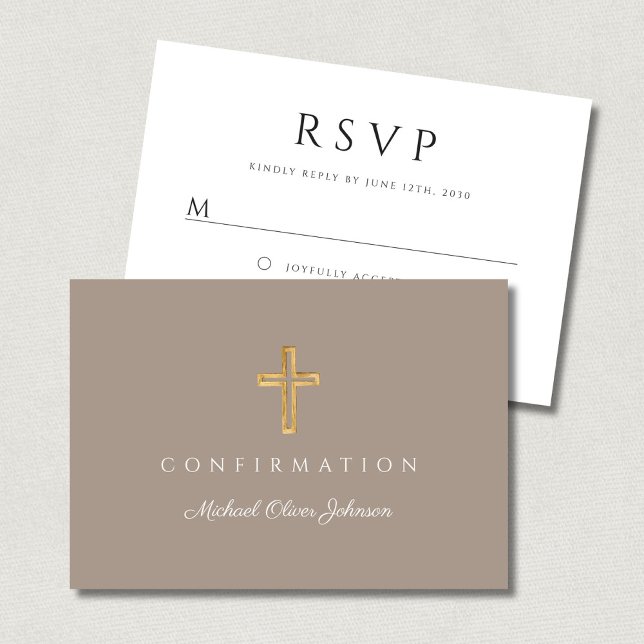 Taupe Boy Religious Cross Confirmation RSVP Karte (Taupe Boy Religious Cross Confirmation RSVP Card)