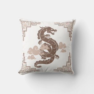 Taupe Brown Chinoiserie Dragon and Clouds Kissen