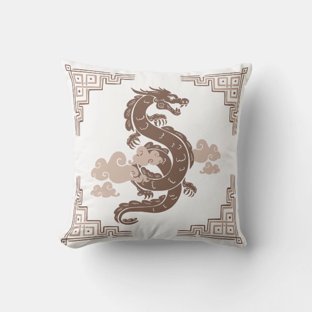Taupe Brown Chinoiserie Dragon and Clouds Kissen (Vorderseite)