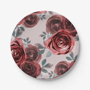 Taupe Burgunder Aquarell Rosen Grüne Hochzeit Pappteller