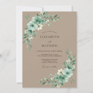 Taupe-Celadon-Pfingstrosen-Hochzeit Einladung