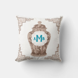Taupe Chinoiserie Ginger Jar Monogram Kissen
