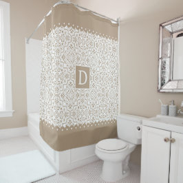 Taupe-Damastmuster, gespiegelte Rahmen-Monogramm Duschvorhang