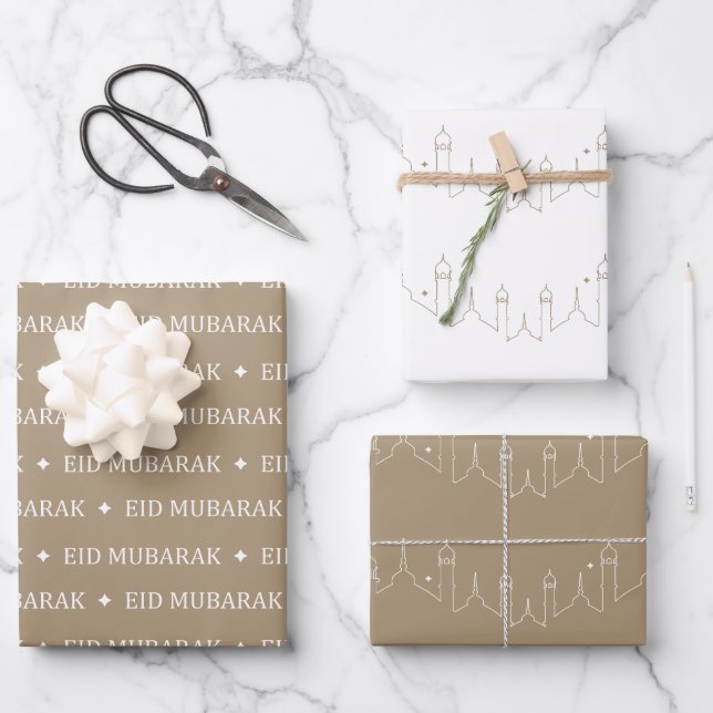 Taupe Eid Mubarak Masjid Muster Design Geschenkpapier Set (Vorderseite)