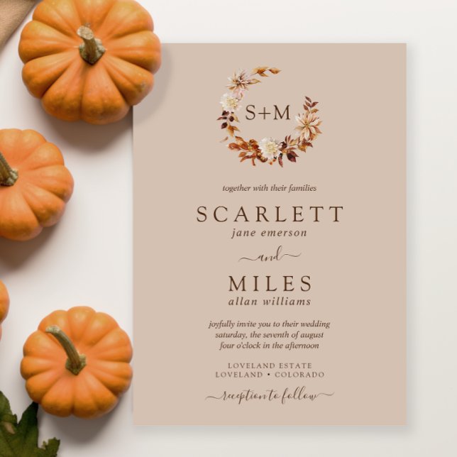 Taupe Fall Terracotta Monogram Wreath Wedding Einladung (Taupe Fall Terracotta Monogram Wreath Wedding Invitation by Painted Paperie
)
