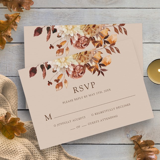 Taupe Fall Watercolor Kupfer Blumenzange RSVP (Taupe Fall Watercolor Copper Floral Wedding RSVP Card by Painted Paperie
)