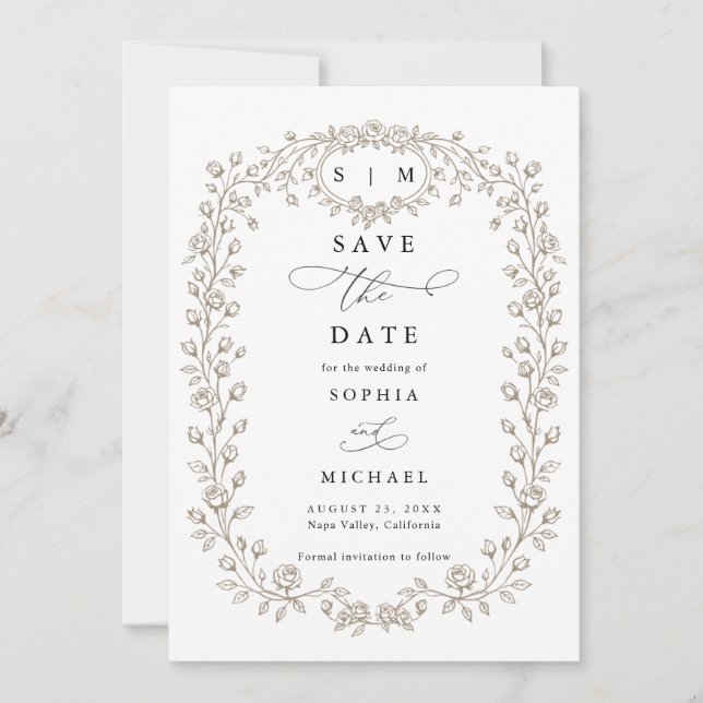 Taupe Floral Line Art Save The Date Invitation (Vorderseite)