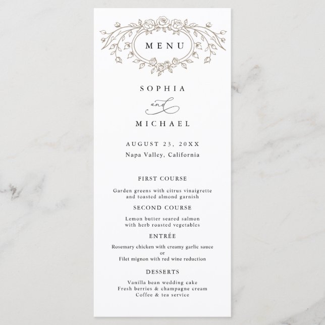 Taupe Floral Line Art Wedding Flat Menu Menükarte (Vorderseite)