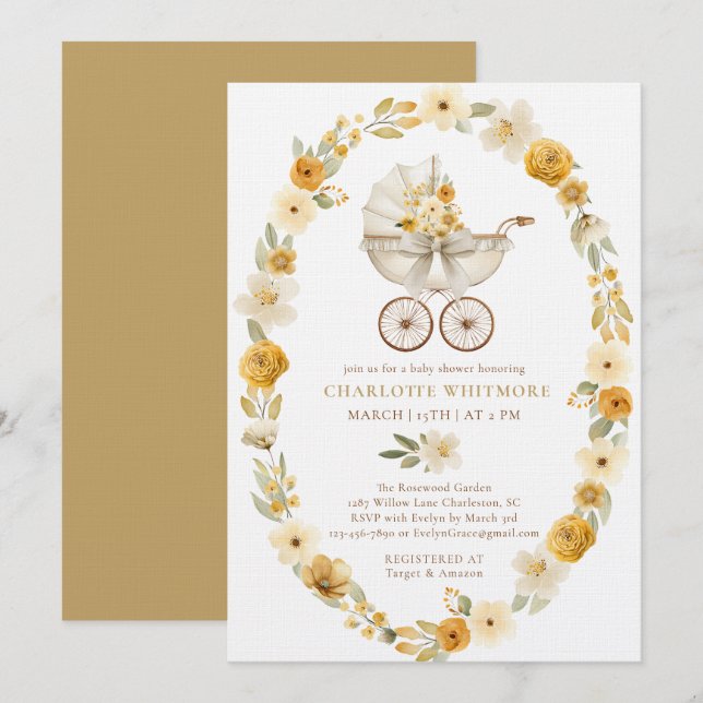 Taupe Floral Pram Baby Shower Invite Einladung (Vorne/Hinten)