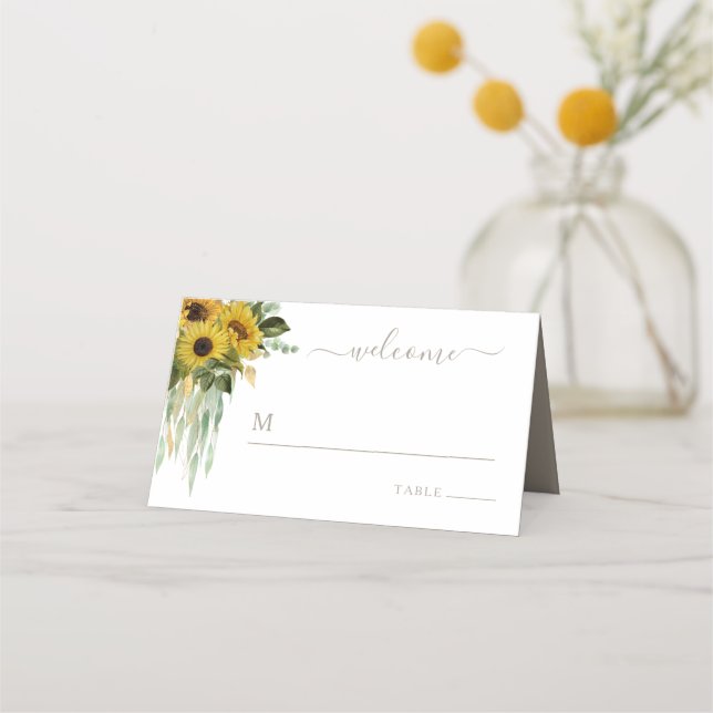 Taupe Floral Sunflower Hochzeit Platzkarte (Vorderseite)