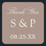 Taupe Gastgeschenk Hochzeit Dankeschön Sticker<br><div class="desc">Taupe Gastgeschenk Hochzeit Vielen Dank Sticker,  bitte personalisieren Sie mit den Initialen des Paares und das Datum der Hochzeit,  mit der Online-Personalisierung Vorlage vor der Bestellung.</div>