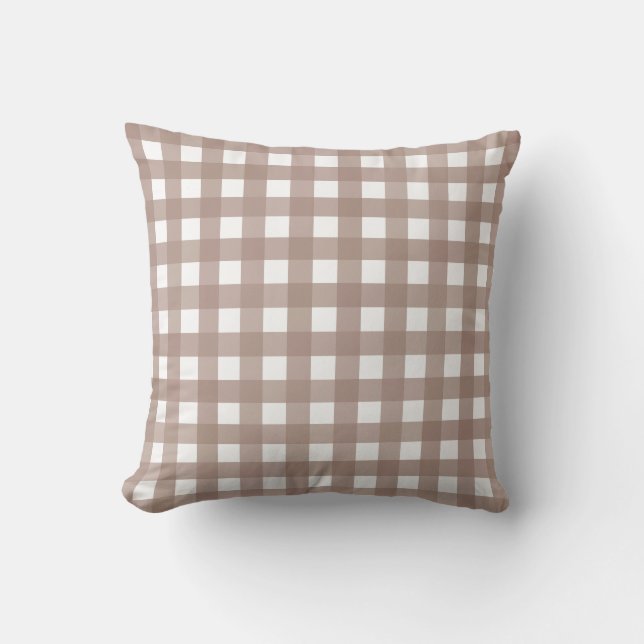 Taupe Gingham Karo Throw Pillow Kissen (Vorderseite)
