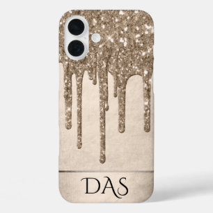 Taupe-Glitzer   Champagne Gold Monogram iPhone 16 Plus Hülle