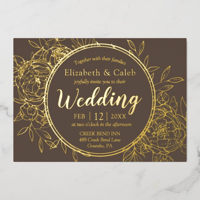 Taupe & Gold Peony Moderne Hochzeit Folieneinladung (Vorderseite)