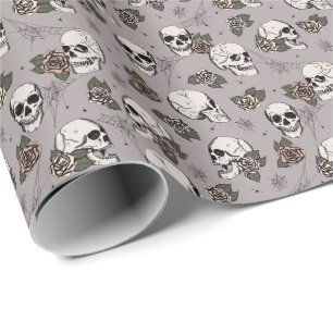 Taupe Gothic Skulls und Rose Blumen Geschenkpapier