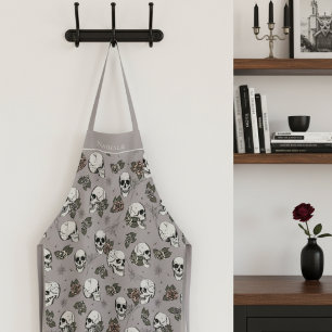 Taupe Gothic Skulls und Rose Individuelle Name Schürze