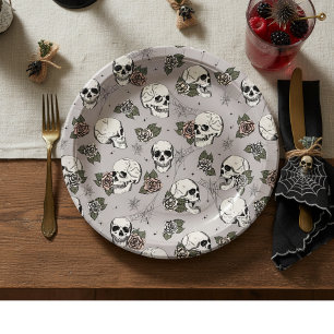 Taupe Gray Gothic Skulls und Rose Halloween Pappteller
